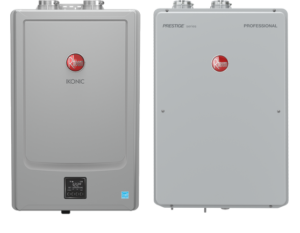 High River Water Heaters. A picture of a Rheem Ikonic tankless water heater. 